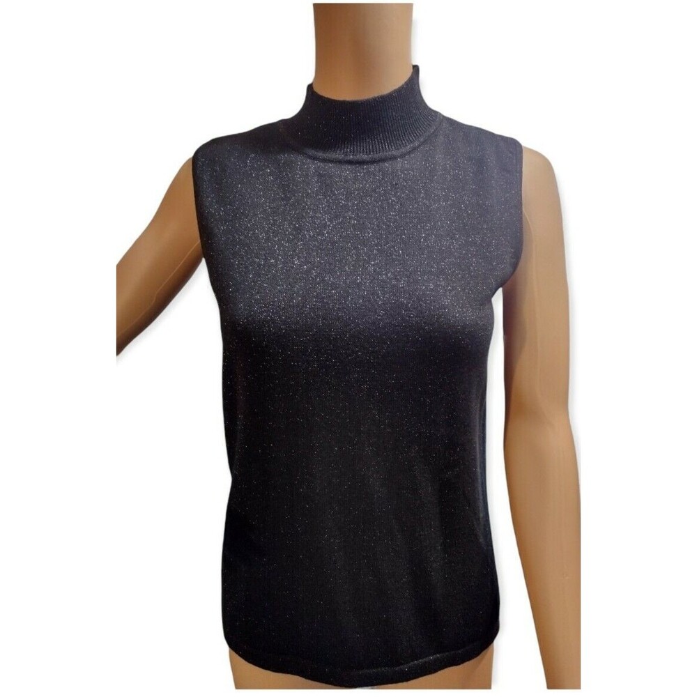 Liz Claiborne Lizsport Petite Top Black Sz S Mock Turtleneck Metallic Thread NWT